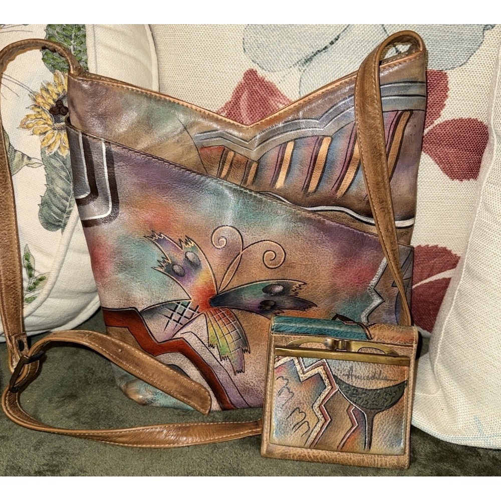 Anuschka Leather Abstract Butterfly Hand Painted Shoulder Bag Matching Wallet